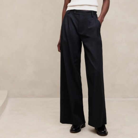 BANANA REPUBLIC Linen-Blend Wide-Leg Pleated Pant, Black, Size 12 - Picture 1 of 8